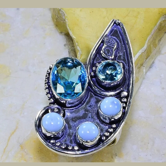 New Blue Topaz & Owyhee Opal Silver Statement Ring. - Picture 7 of 7